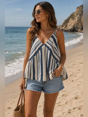 NWT Universal Thread Striped V-Neck Tie-Back Cami Denim Top‎ - Medium